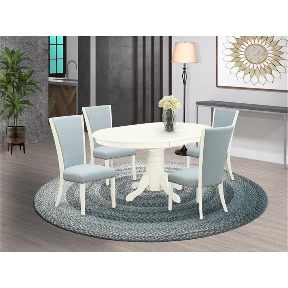 East West Furniture Avve5-Lwh-15 5 Piece Dining Table Set Includes An Oval Kitchen Table With Butterfly Leaf And 4 Baby Blue Linen Fabric Parson Dining Chairs, 42X60 Inch, Linen White